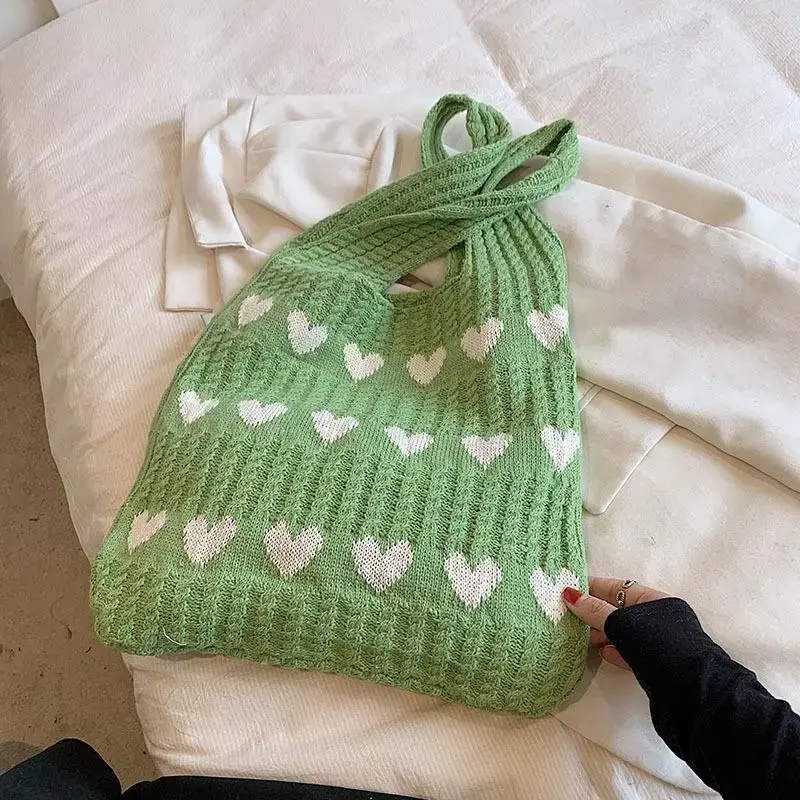 Green Heart Print Knitted Women's Shoulder Bag - Image 3