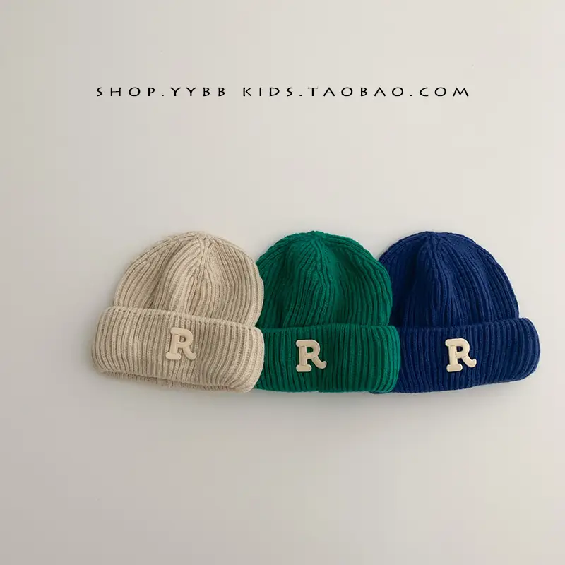 Baby embroidered letter wool hat autumn and winter boys and girls warm thickened baby hat pullover knitted hat