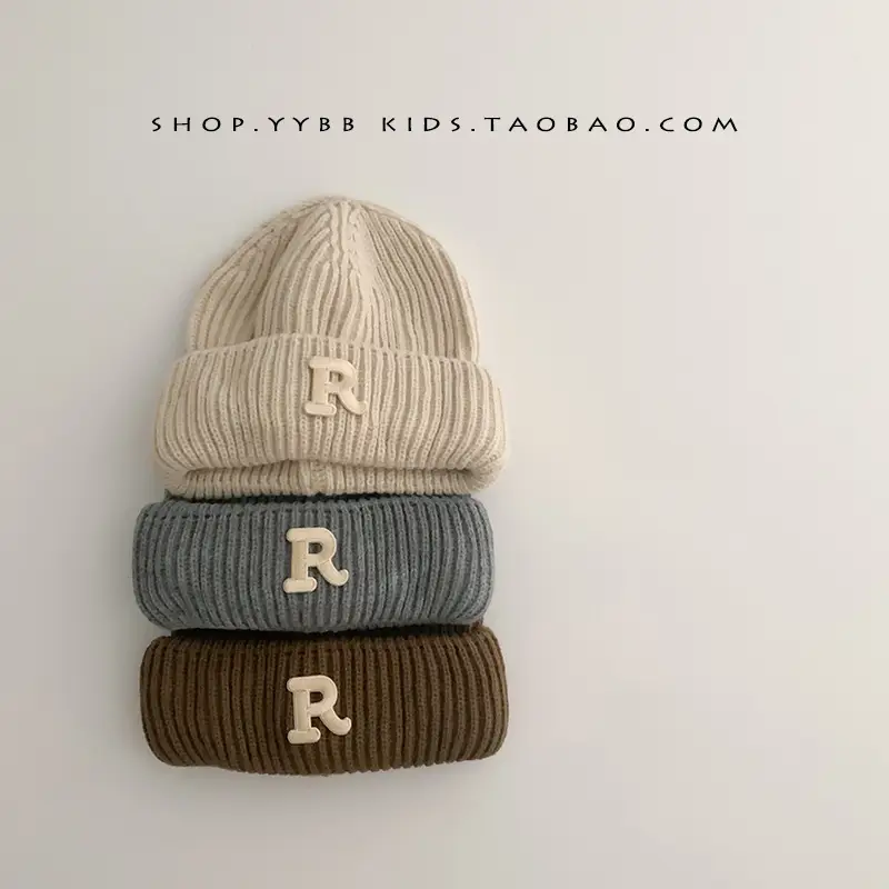 Baby embroidered letter wool hat autumn and winter boys and girls warm thickened baby hat pullover knitted hat
