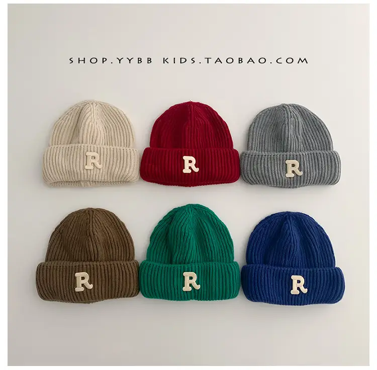 Baby embroidered letter wool hat autumn and winter boys and girls warm thickened baby hat pullover knitted hat — feature 1