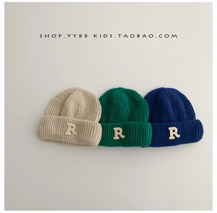 Baby embroidered letter wool hat autumn and winter boys and girls warm thickened baby hat pullover knitted hat — feature 2