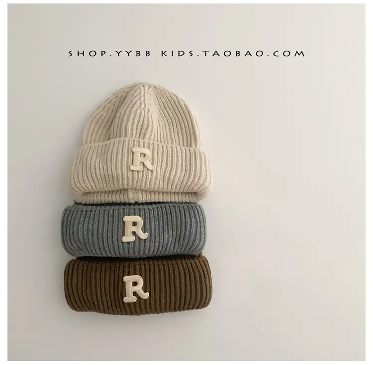 Baby embroidered letter wool hat autumn and winter boys and girls warm thickened baby hat pullover knitted hat — feature 3