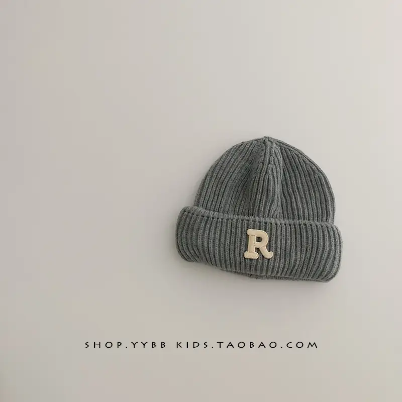 Baby embroidered letter wool hat autumn and winter boys and girls warm thickened baby hat pullover knitted hat