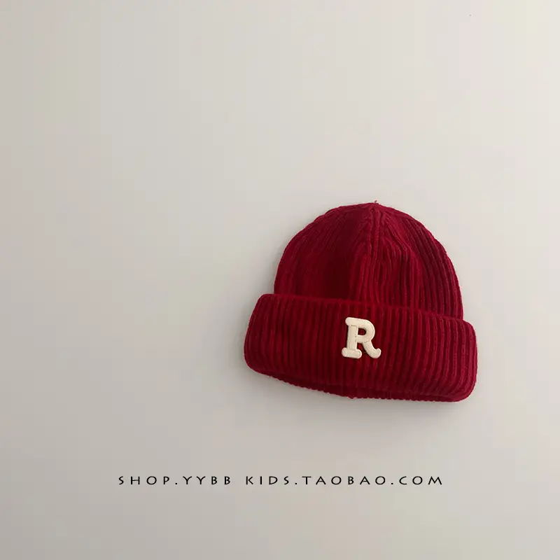 Baby embroidered letter wool hat autumn and winter boys and girls warm thickened baby hat pullover knitted hat