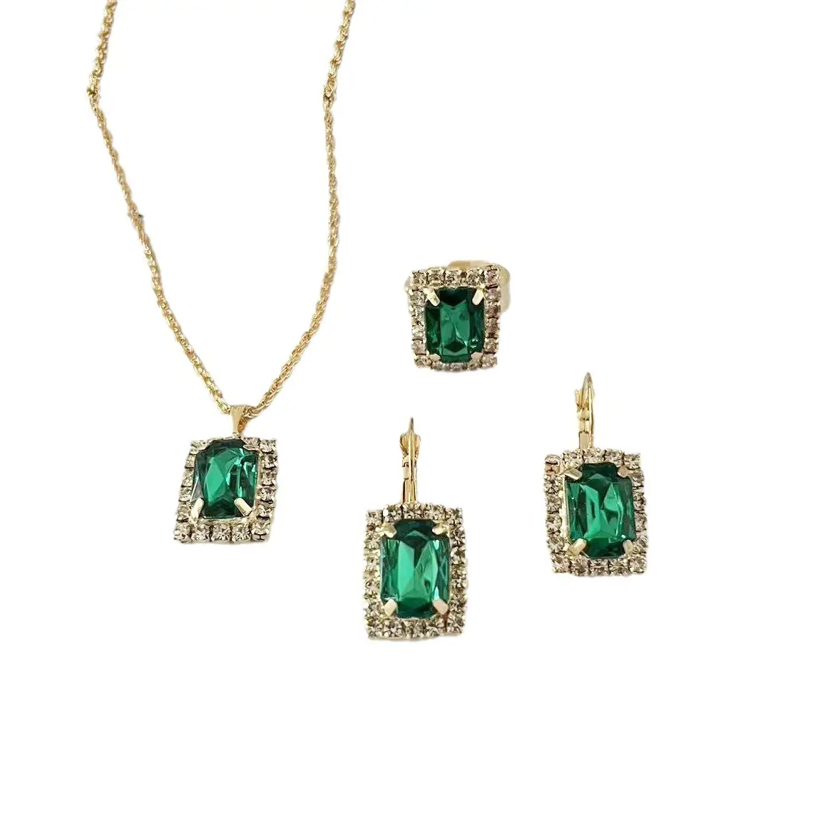 Green Square Diamond Jewelry Set for Women