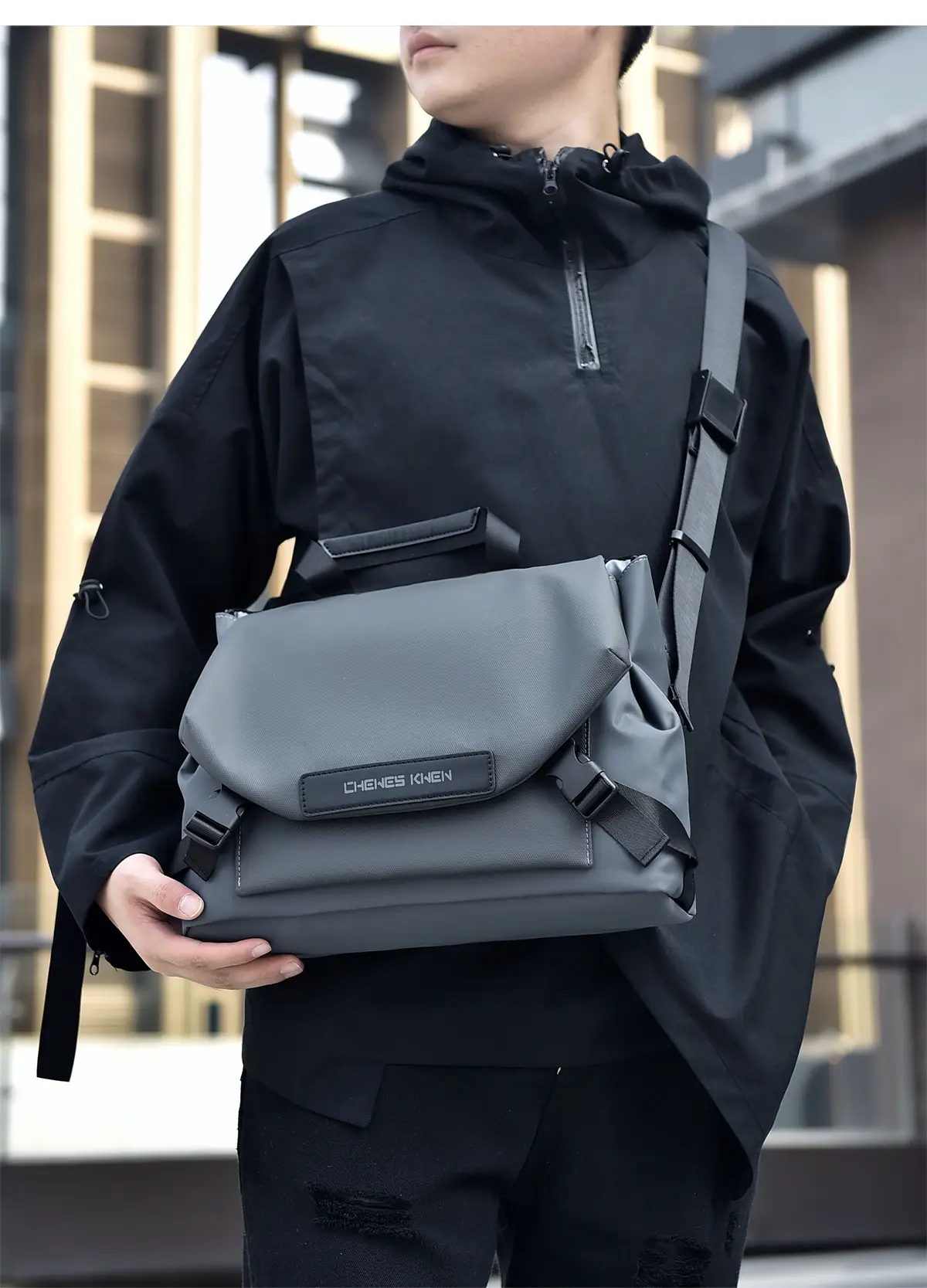Men's Black Crossbody Messenger Bag Oxford Cloth Ins — feature 17