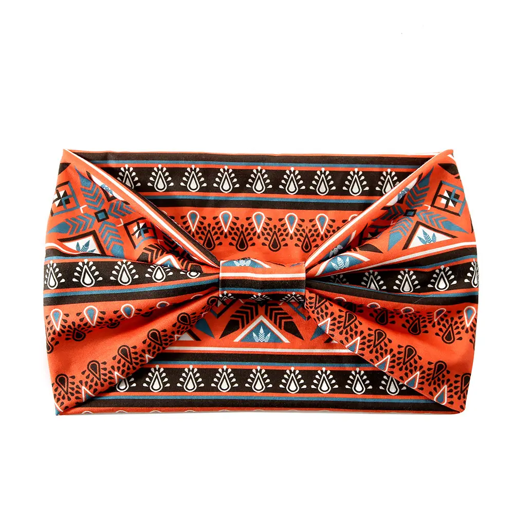 Orange Printed Hair Band with Elastic Wrap