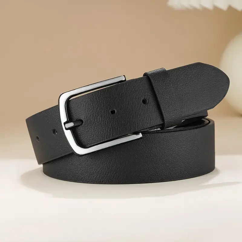 Men's Black Leather Belt with Buckle - Image 2