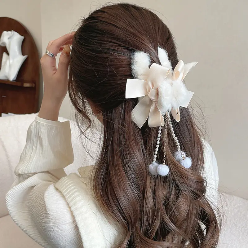 Plush Bow Tassel Hairpin for Women Autumn Winter - Image 11