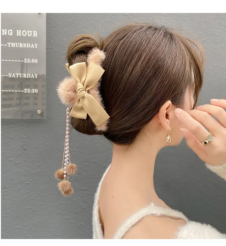 Plush Bow Tassel Hairpin for Women Autumn Winter — feature 4