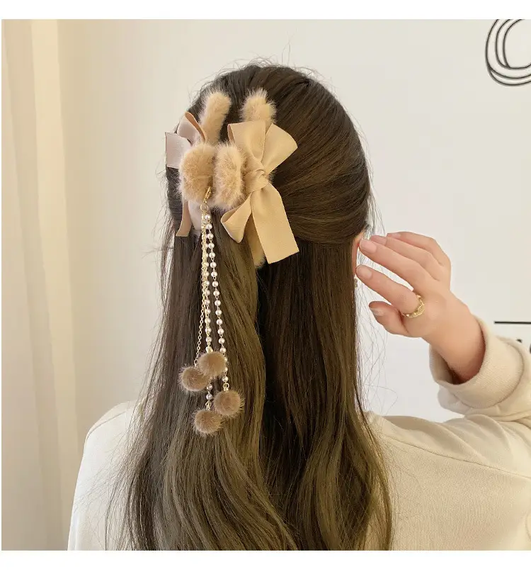 Plush Bow Tassel Hairpin for Women Autumn Winter — feature 5