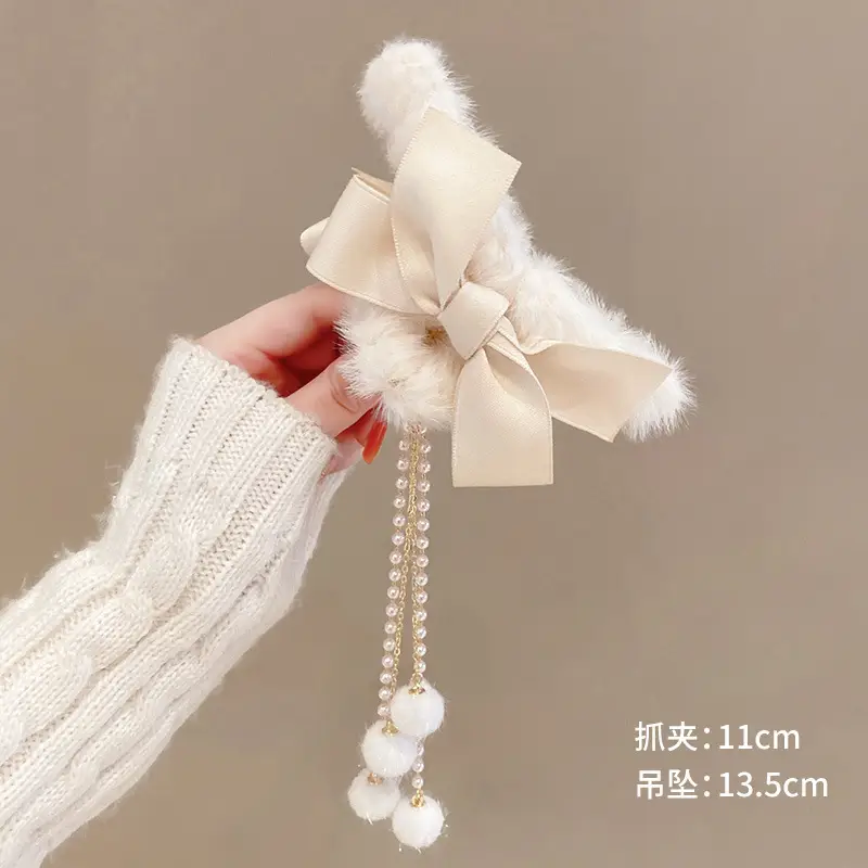 Plush Bow Tassel Hairpin for Women Autumn Winter - Image 2