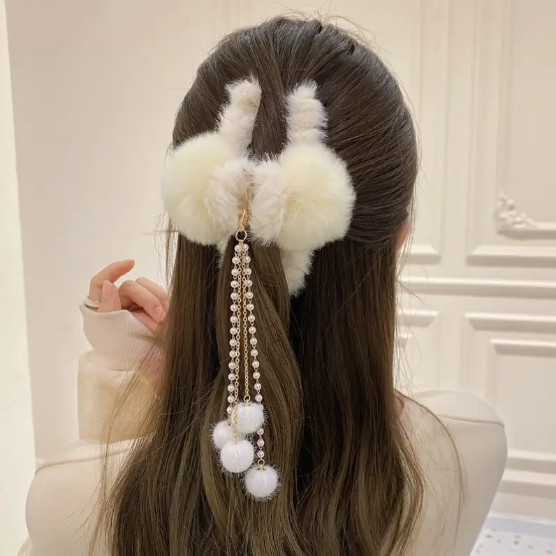 Plush Bow Tassel Hairpin for Women Autumn Winter - Image 3