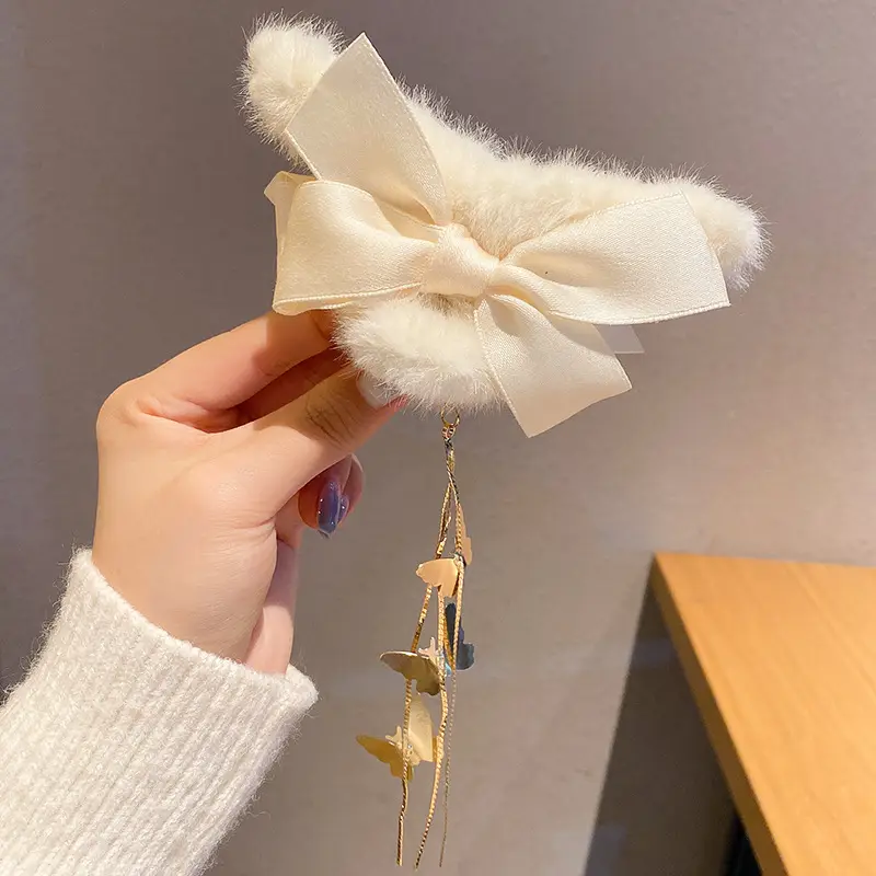 Plush Bow Tassel Hairpin for Women Autumn Winter - Image 6