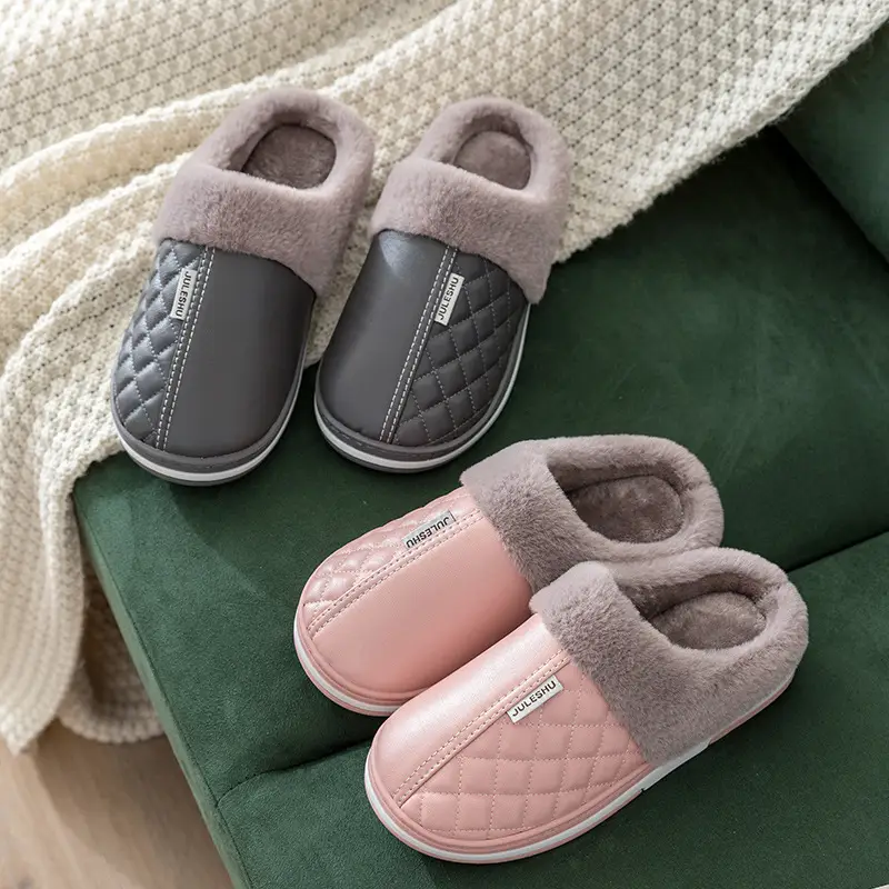 Pu Leather Cotton Slippers for Women 2026 Model Autumn and Winter Waterproof Household Non-Slip Warm Women's Shoes Home Leather Slippers Winter Men's - Image 7