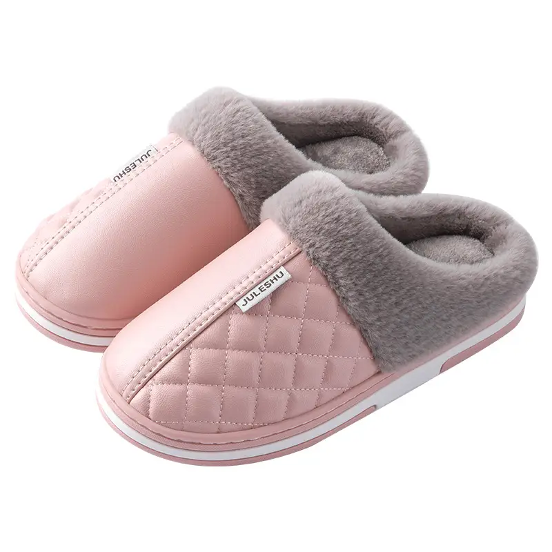 Pu Leather Cotton Slippers for Women 2026 Model Autumn and Winter Waterproof Household Non-Slip Warm Women's Shoes Home Leather Slippers Winter Men's - Image 9