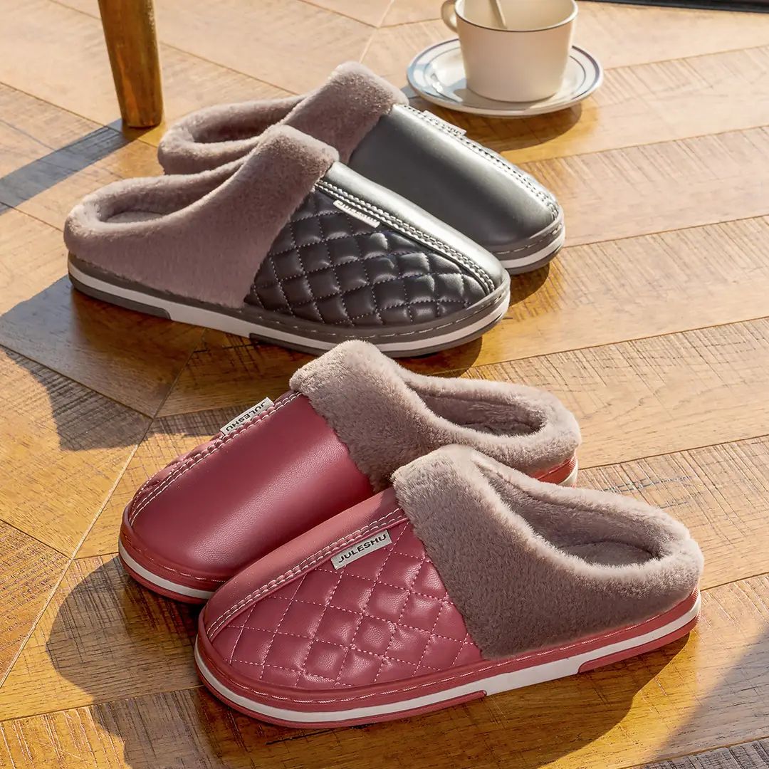 Pu Leather Cotton Slippers for Women 2026 Model Autumn and Winter Waterproof Household Non-Slip Warm Women's Shoes Home Leather Slippers Winter Men's — feature 17