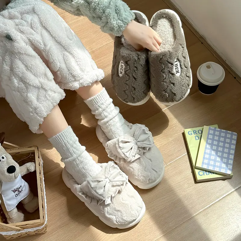 Couple cotton slippers women's autumn and winter thick bottom new warm non-slip fleece-lined home home plush slippers men's wholesale - Image 6