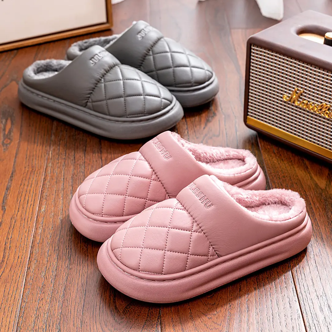 Waterproof Cotton Slippers for Women in Autumn and Winter, Indoor Home Leather-Covered Warm Non-Slip Thick-Soled Household Slippers with a Soft Cushioning Feel for Winter - Image 10