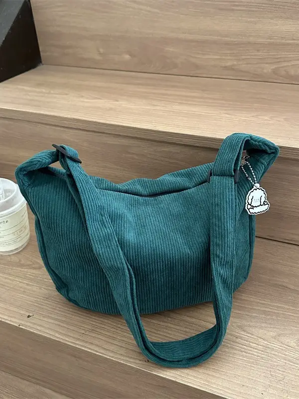 Corduroy Shoulder Bag Women Japanese Artistic Design Brown - Image 9