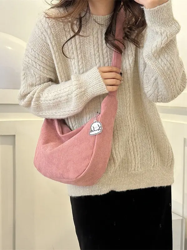Corduroy Shoulder Bag Women Japanese Artistic Design Brown - Image 10