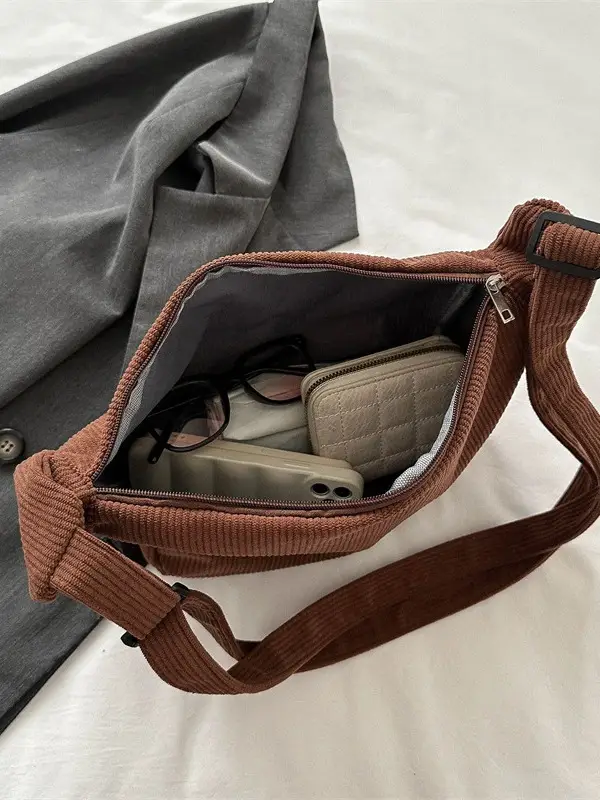 Corduroy Shoulder Bag Women Japanese Artistic Design Brown - Image 12