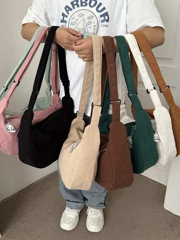 Corduroy Shoulder Bag Women Japanese Artistic Design Brown - Image 13