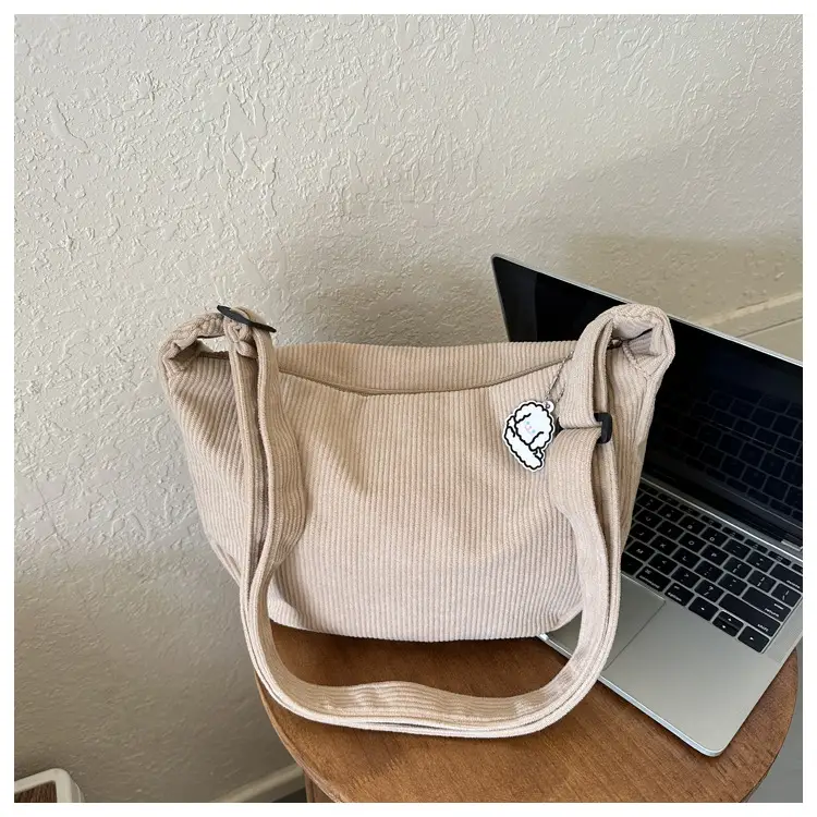 Corduroy Shoulder Bag Women Japanese Artistic Design Brown - Image 6