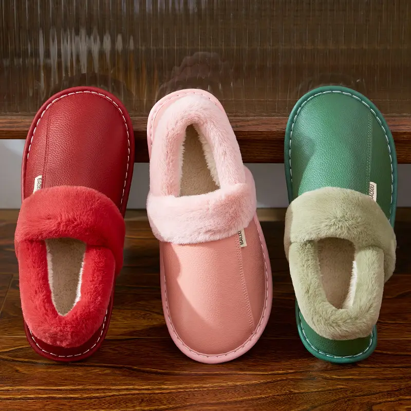 Waterproof Cotton Slippers Women's Autumn and Winter Bag Heel Indoor Home Thickened Warm Non-slip Leather Slippers Cowhide Thick Bottom Household - Image 9