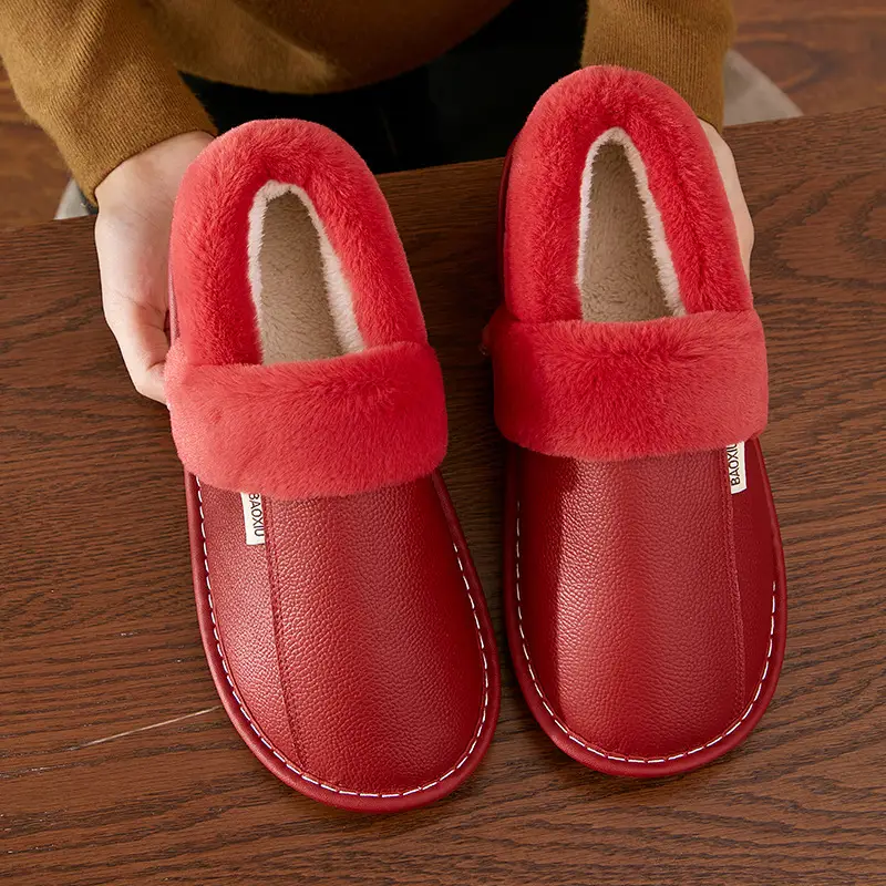 Waterproof Cotton Slippers Women's Autumn and Winter Bag Heel Indoor Home Thickened Warm Non-slip Leather Slippers Cowhide Thick Bottom Household - Image 10
