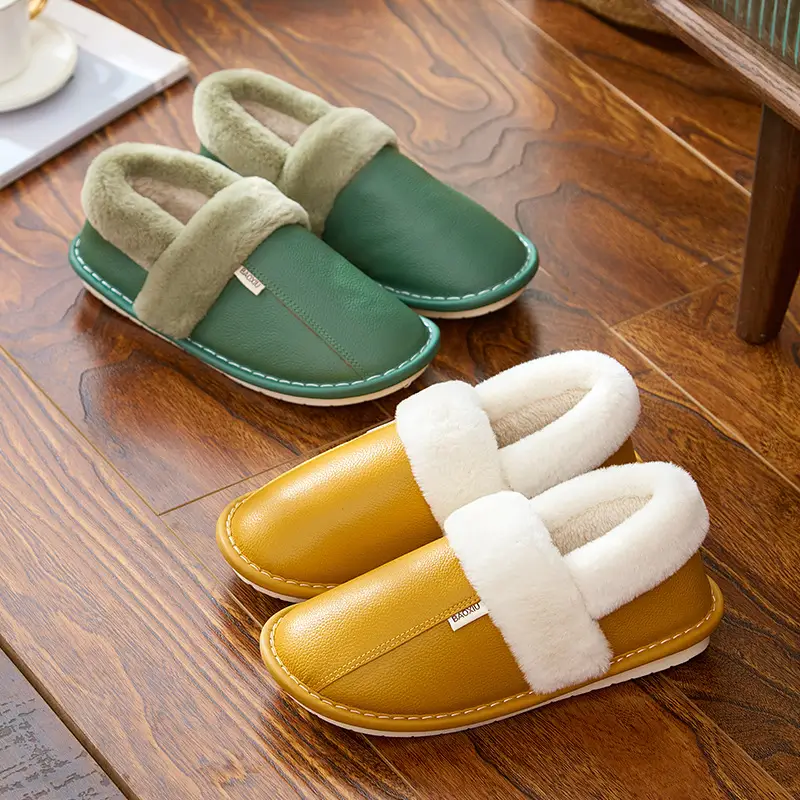 Waterproof Cotton Slippers Women's Autumn and Winter Bag Heel Indoor Home Thickened Warm Non-slip Leather Slippers Cowhide Thick Bottom Household - Image 11