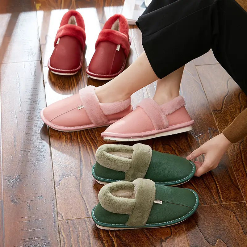 Waterproof Cotton Slippers Women's Autumn and Winter Bag Heel Indoor Home Thickened Warm Non-slip Leather Slippers Cowhide Thick Bottom Household - Image 12