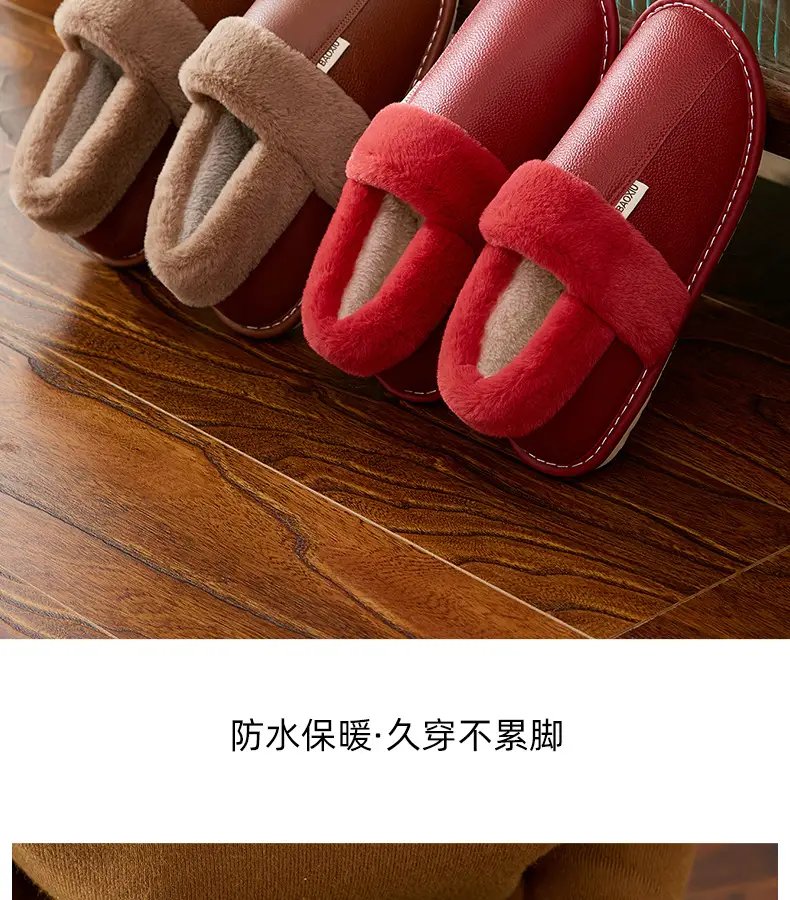 Waterproof Cotton Slippers Women's Autumn and Winter Bag Heel Indoor Home Thickened Warm Non-slip Leather Slippers Cowhide Thick Bottom Household — feature 18