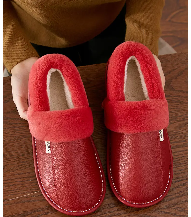 Waterproof Cotton Slippers Women's Autumn and Winter Bag Heel Indoor Home Thickened Warm Non-slip Leather Slippers Cowhide Thick Bottom Household — feature 19