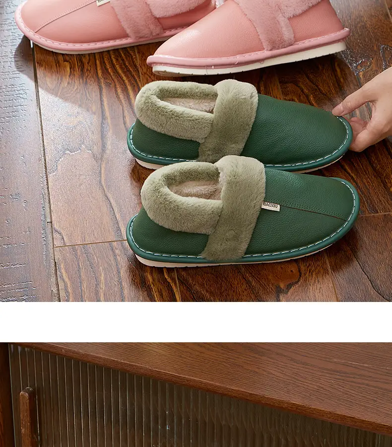 Waterproof Cotton Slippers Women's Autumn and Winter Bag Heel Indoor Home Thickened Warm Non-slip Leather Slippers Cowhide Thick Bottom Household — feature 21