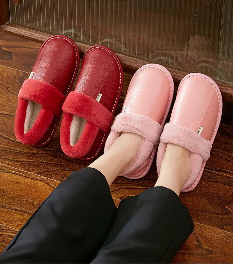 Waterproof Cotton Slippers Women's Autumn and Winter Bag Heel Indoor Home Thickened Warm Non-slip Leather Slippers Cowhide Thick Bottom Household — feature 22