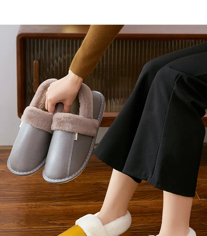 Waterproof Cotton Slippers Women's Autumn and Winter Bag Heel Indoor Home Thickened Warm Non-slip Leather Slippers Cowhide Thick Bottom Household — feature 24