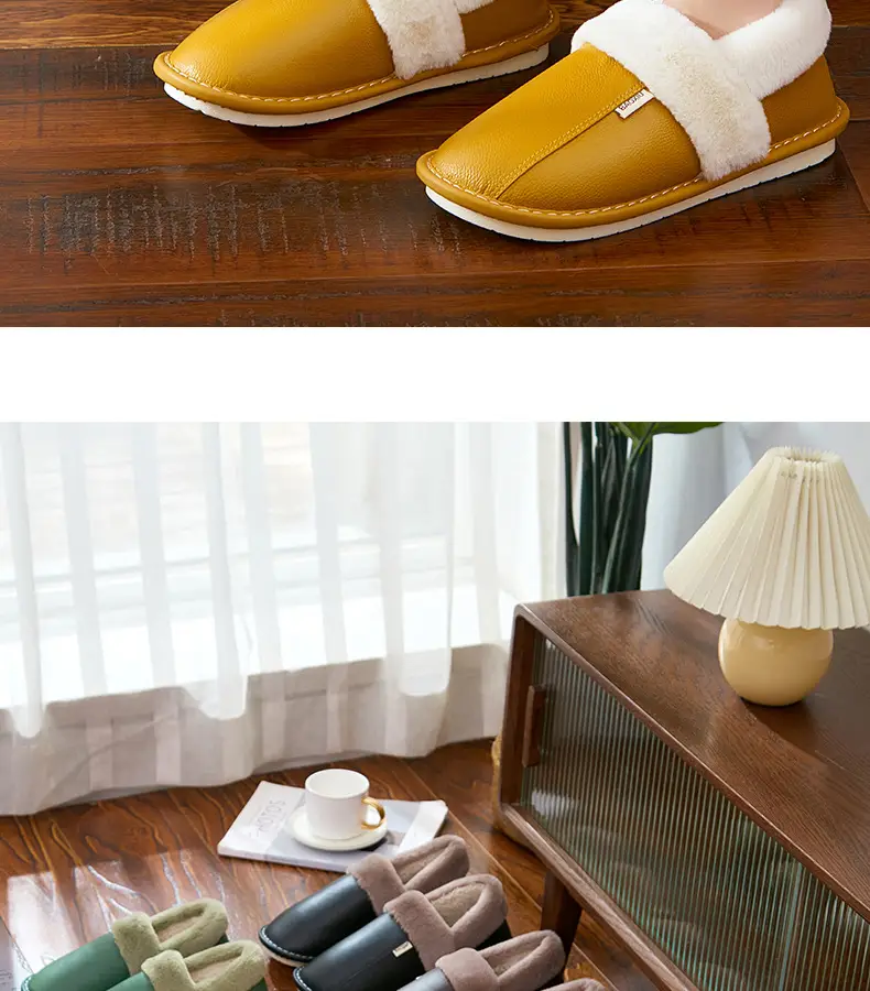 Waterproof Cotton Slippers Women's Autumn and Winter Bag Heel Indoor Home Thickened Warm Non-slip Leather Slippers Cowhide Thick Bottom Household — feature 25