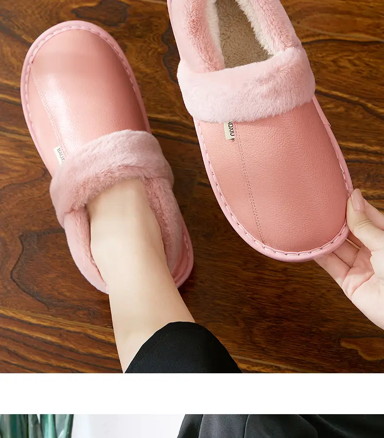 Waterproof Cotton Slippers Women's Autumn and Winter Bag Heel Indoor Home Thickened Warm Non-slip Leather Slippers Cowhide Thick Bottom Household — feature 3