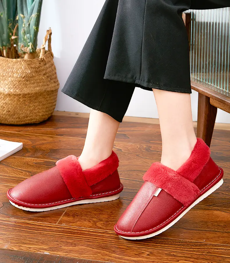 Waterproof Cotton Slippers Women's Autumn and Winter Bag Heel Indoor Home Thickened Warm Non-slip Leather Slippers Cowhide Thick Bottom Household — feature 4