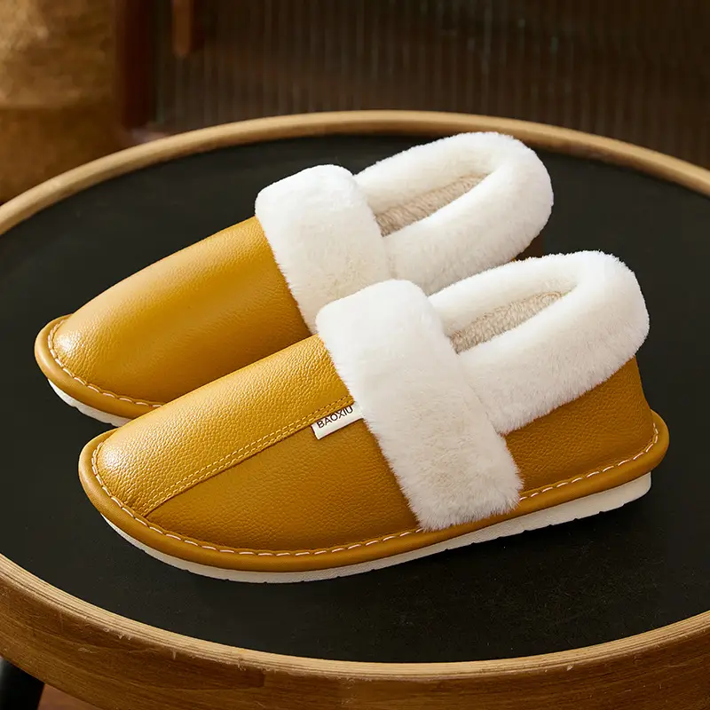 Waterproof Cotton Slippers Women's Autumn and Winter Bag Heel Indoor Home Thickened Warm Non-slip Leather Slippers Cowhide Thick Bottom Household - Image 3