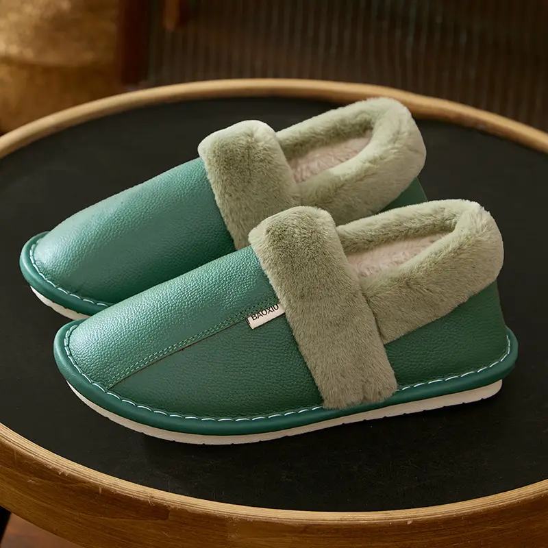 Waterproof Cotton Slippers Women's Autumn and Winter Bag Heel Indoor Home Thickened Warm Non-slip Leather Slippers Cowhide Thick Bottom Household - Image 4