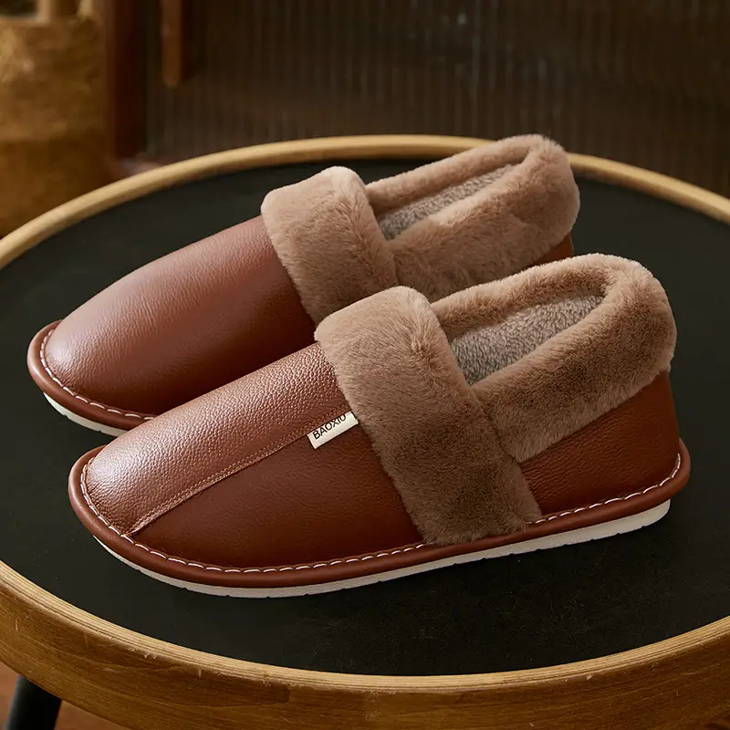 Waterproof Cotton Slippers Women's Autumn and Winter Bag Heel Indoor Home Thickened Warm Non-slip Leather Slippers Cowhide Thick Bottom Household - Image 5