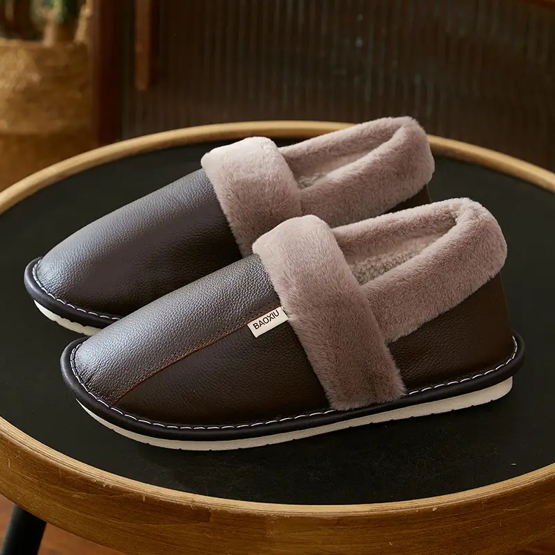 Waterproof Cotton Slippers Women's Autumn and Winter Bag Heel Indoor Home Thickened Warm Non-slip Leather Slippers Cowhide Thick Bottom Household - Image 6