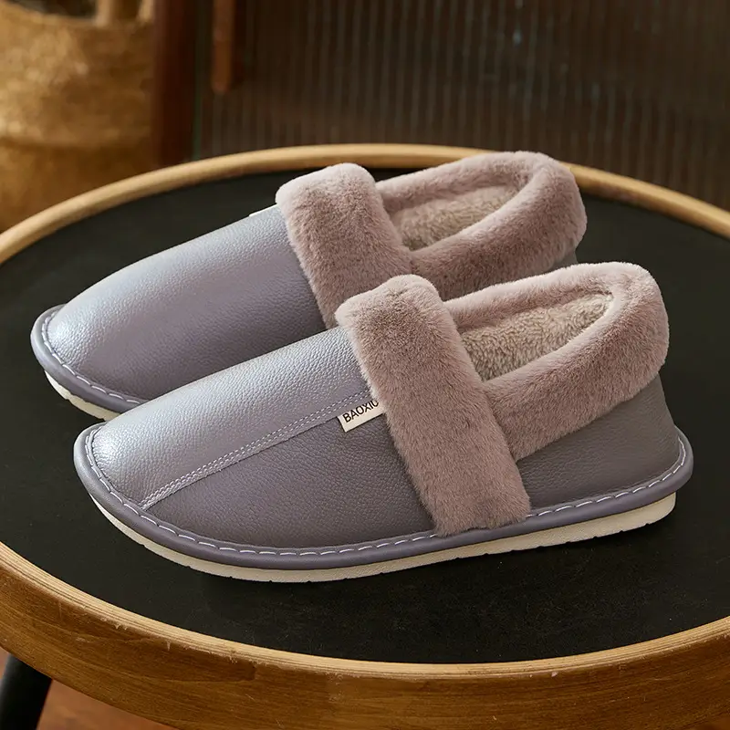 Waterproof Cotton Slippers Women's Autumn and Winter Bag Heel Indoor Home Thickened Warm Non-slip Leather Slippers Cowhide Thick Bottom Household - Image 7