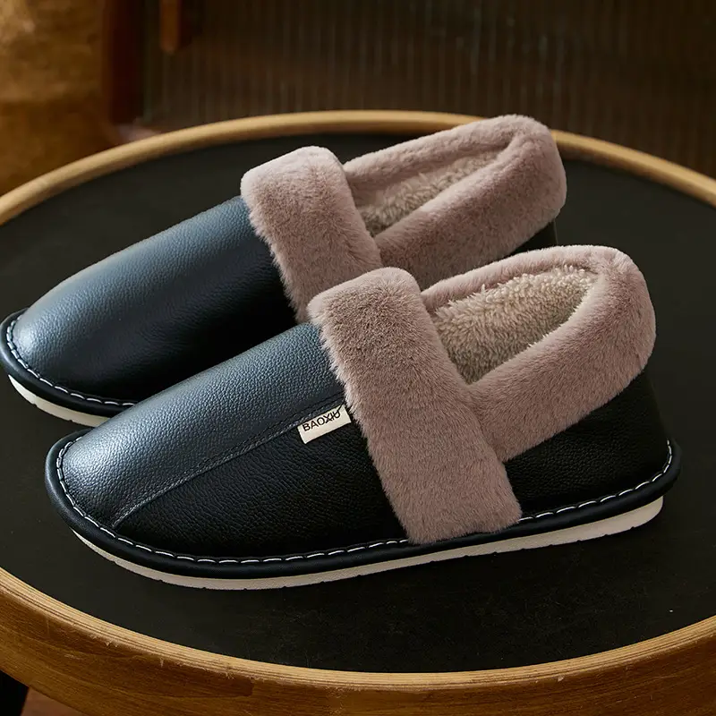 Waterproof Cotton Slippers Women's Autumn and Winter Bag Heel Indoor Home Thickened Warm Non-slip Leather Slippers Cowhide Thick Bottom Household - Image 8
