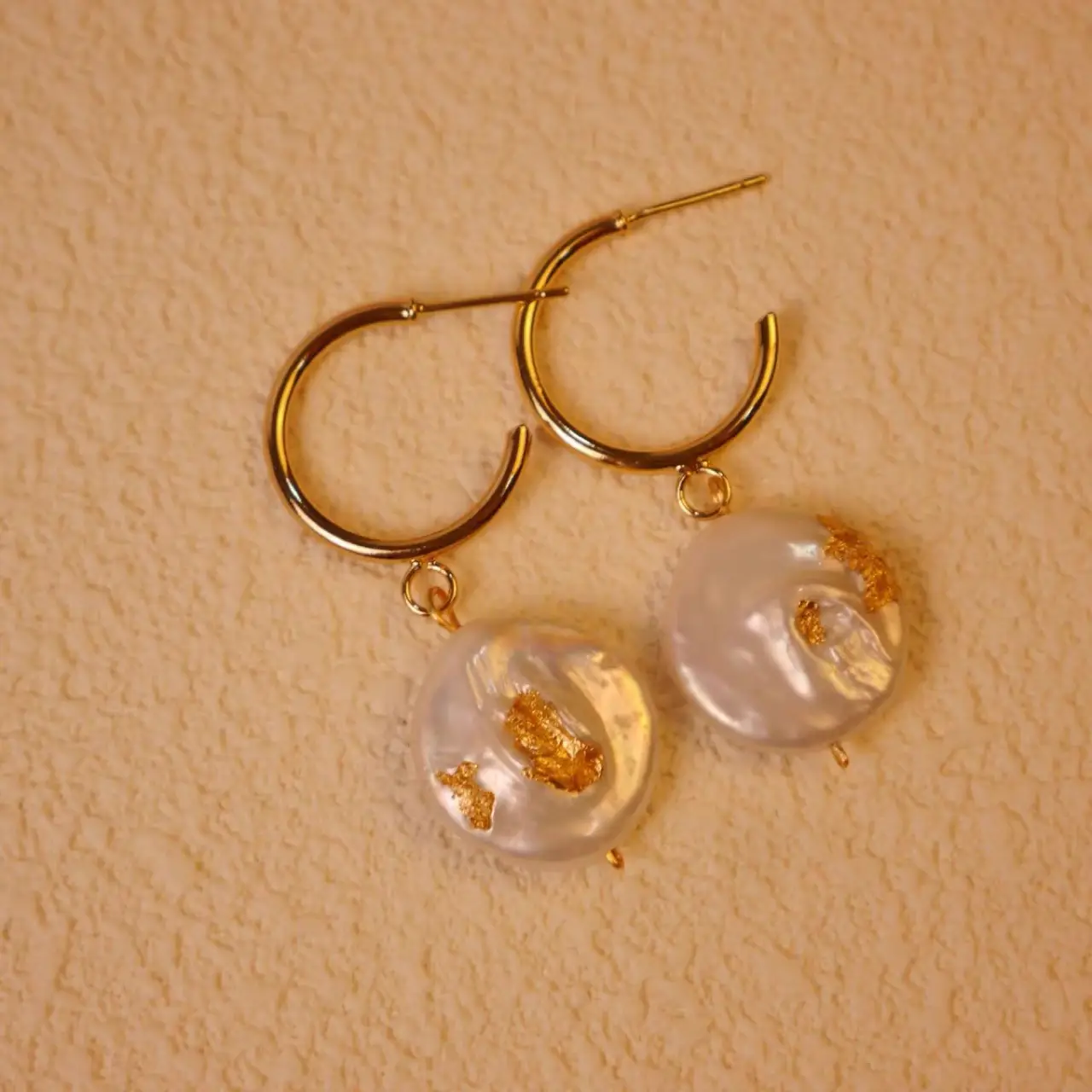 Vintage Pearl Earrings Gold Foil Button