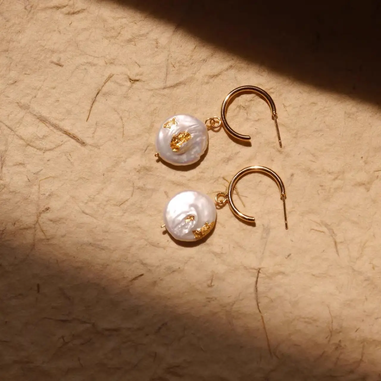 Vintage Pearl Earrings Gold Foil Button