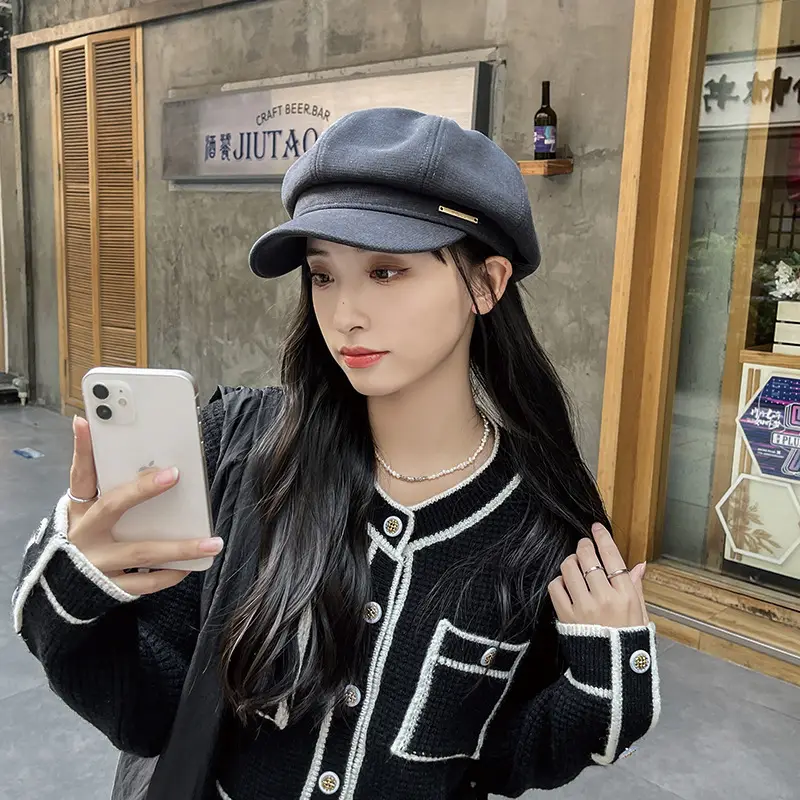 Women's Autumn Winter Octagonal Woolen Hat with Metal Logo - Image 12