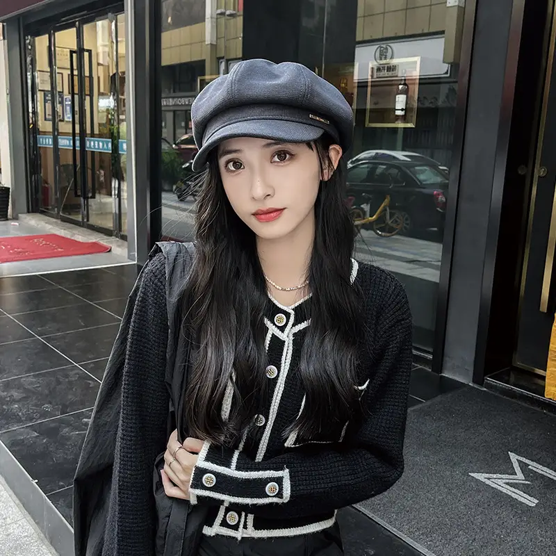 Women's Autumn Winter Octagonal Woolen Hat with Metal Logo - Image 13